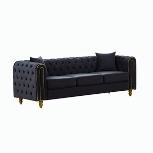 English Elm 86" Chesterfield Velvet Three Seat Sofa Button Tufted Rolled Arms Gold Legs Living Room Black W3373S00078