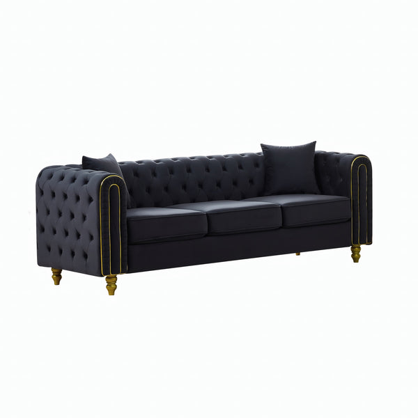 English Elm 86" Chesterfield Velvet Three Seat Sofa Button Tufted Rolled Arms Gold Legs Living Room Black W3373S00078