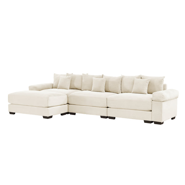 English Elm 130" Oversized Modular L-Shape Sectional Couch In Cream, Luxurious Corduroy, Ergonomic With Ottoman & 9 Pillows W714S01288