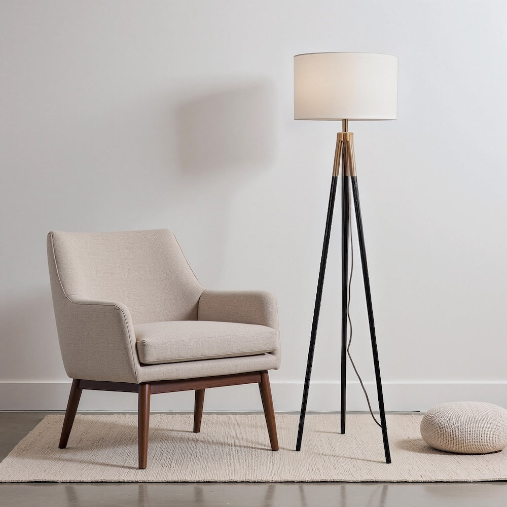 English Elm Sway Brass Tripod Floor Lamp with White Drum Shade for Modern Living Spaces B183P230911