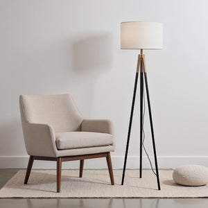 English Elm Sway Brass Tripod Floor Lamp with White Drum Shade for Modern Living Spaces B183P230911
