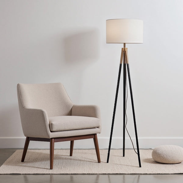 English Elm Sway Brass Tripod Floor Lamp with White Drum Shade for Modern Living Spaces B183P230911