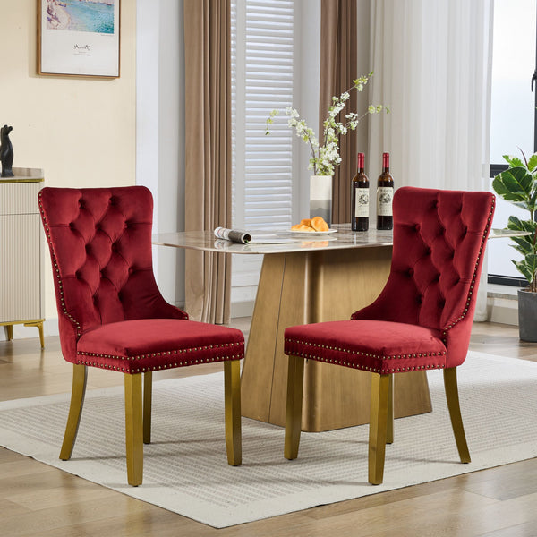 English Elm Mid-Century Tufted Velvet Dining Chair with Lion Head Pull Ring, Gold Legs, Nailhead Trim, Luxurious Support WINE RED W1143P233645