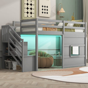 English Elm Twin Loft Bed Pinewood Frame with Storage Staircase Led Lighting and Window Cutout Gray GX000436AAE