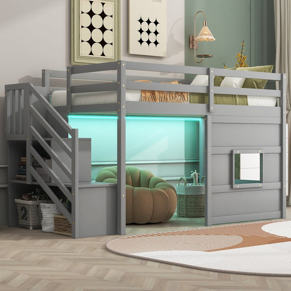 English Elm Twin Loft Bed Pinewood Frame with Storage Staircase Led Lighting and Window Cutout Gray GX000436AAE