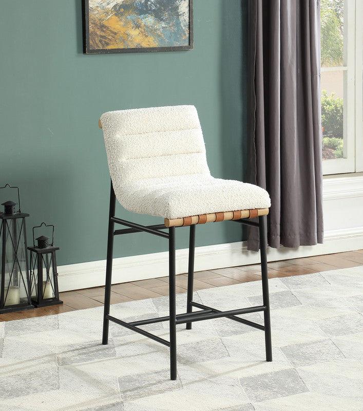English Elm Liana Boucle Upholstered Counter Stool with Cognac Leather Accents and Iron Legs White B2749P413187