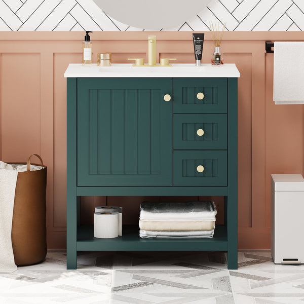 English Elm 30inch Transitional Bathroom Vanity Cabinet Combo with Ceramic Sink, Green Solid Wood MDF, 30"W x18"D, 3pc Storage WF320826AAF