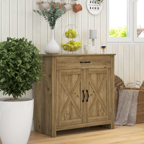 English Elm HOMCOM Rustic Farmhouse Sideboard Buffet Cabinet with Barn Doors, Drawer & Adjustable Shelves for Entryway Natural Wood W2225P229125