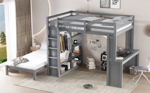 English Elm Queen Solid Wood Bunk Bed With Dismountable Twin, Desk, Shelves & Wardrobe - Modern Grey Design W1580S00215-GIGA