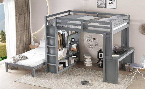 English Elm Queen Solid Wood Bunk Bed With Dismountable Twin, Desk, Shelves & Wardrobe - Modern Grey Design W1580S00215-GIGA