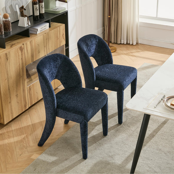 English Elm Dark blue chenille dining chair Set of 2 with hollowed backrest, iron frame, KD assembly, 300lb capacity, luxe comfort W3615P340359