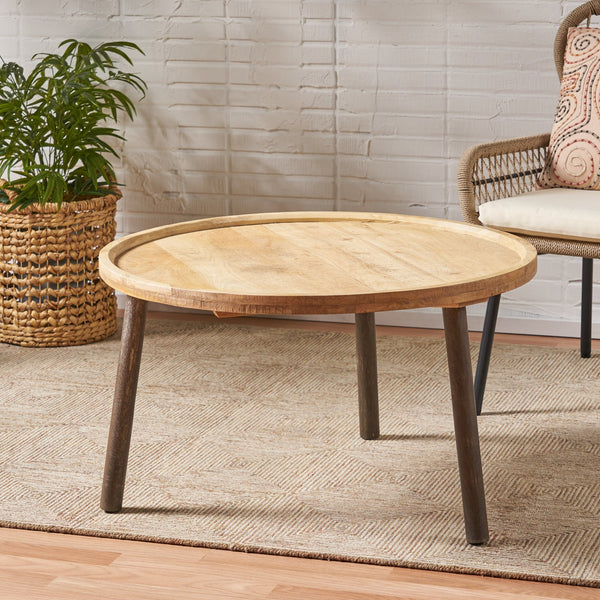 English Elm Christopher Knight Home® - Round Round Table K/D Mango Wood Coffee Table Natural & Black Finish, Lipped Edge, Handcrafted Charm (36x35x5) 66706.00