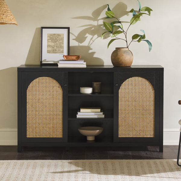 58" 4-Door Sideboard w/ Arched Rattan Panels Black SAHD5DBL2 Walker Edison