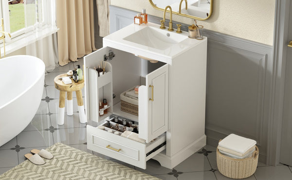 English Elm 24"Bathroom Modern Vanity with Ceramic Sink, Solid Wood Frame, Soft-Close Doors & Smart Storage System White N729P321378K