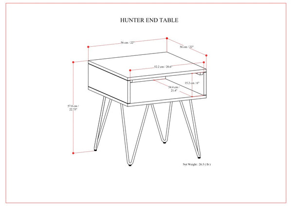 English Elm Hunter Handcrafted Solid Wood Veneer End Table with Open Storage and Industrial Hairpin Legs Walnut B136P203438