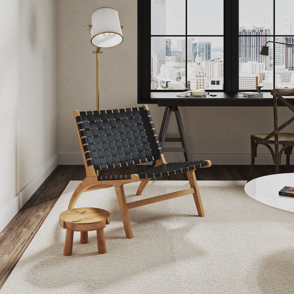 English Elm Maintenon Wood Vegan Leather Accent Chair with Woven Faux Seat, Solid Ash Legs, Comfortable Low-Profile Design Black+Natural B365P398424