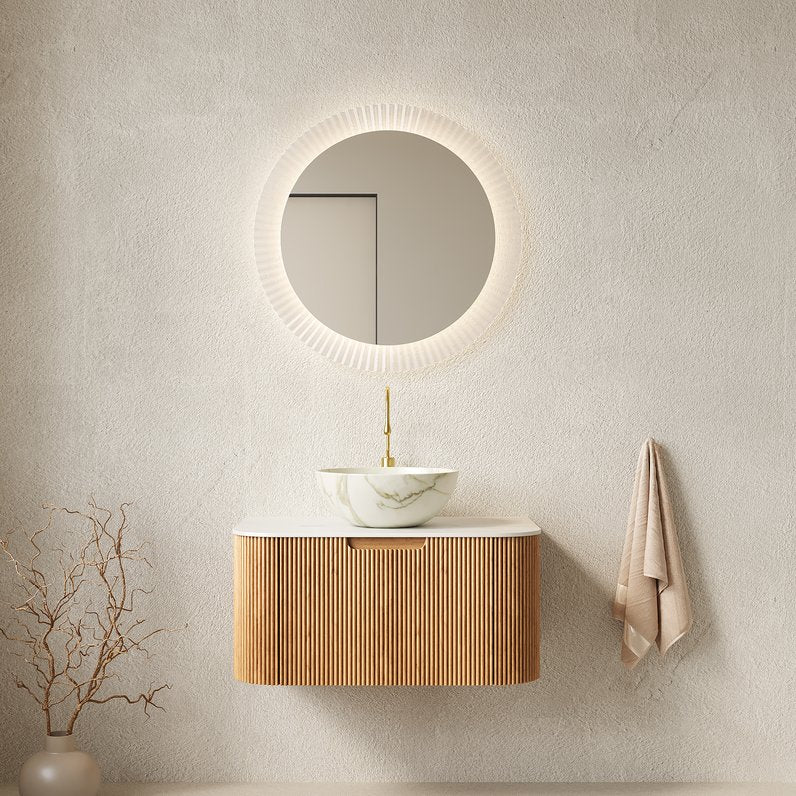 English Elm Muri Floating Bathroom Vanity Plywood Cabinet Sintered Stone Top Oak Drawer Carrara White,Natural Wood,Stone White W2615S00693