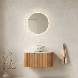 English Elm Muri Floating Bathroom Vanity Plywood Cabinet Sintered Stone Top Oak Drawer Carrara White,Natural Wood,Stone White W2615S00693