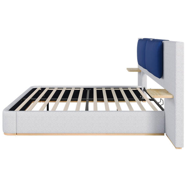 English Elm Christopher Knight Home® - Queen Plush Leather Upholstered Bed Frame with Wingback Headboard, Wavy Footboard, Quiet Support Blue+Grey 50.63 L x 18.88 W x 8.25 H N761S0000023E