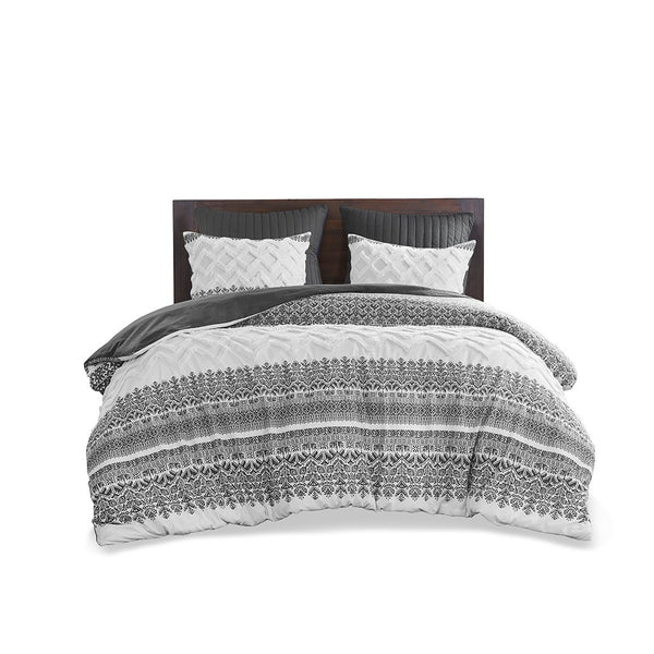 English Elm 3 Piece Cotton Comforter Set with Chenille Tufting Mila Botanic Chevron Print Full/Queen, Shabby Chic Fabrication Gray 19 L x 12 W x 13.5 H B03596426