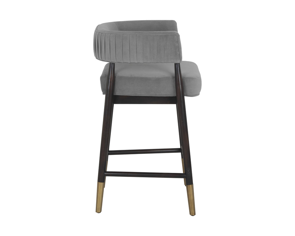 Sunpan Callem Counter Stool - Elegant Barrel Back in Charcoal Fabric with Stylish Birchwood Frame & Gold Caps