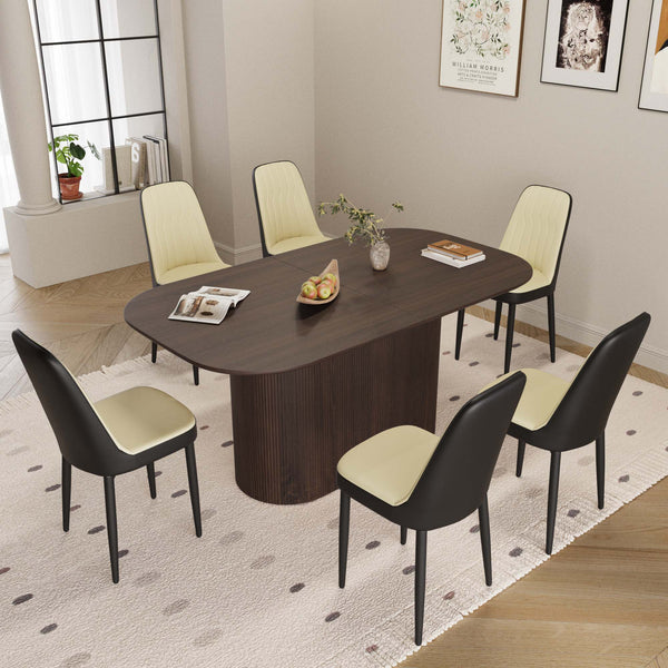 English Elm 63 Inch Mdf Dining Table Set with Six Pu Upholstered Chairs and Black Metal Legs Beige+Brown,Black W2189S00865