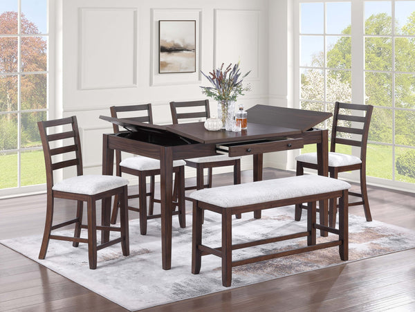 English Elm Contemporary 6Pc Counter Height Dining Set With Lift-Top Table, Storage Bench & Ladder-Back Chairs B011S01894