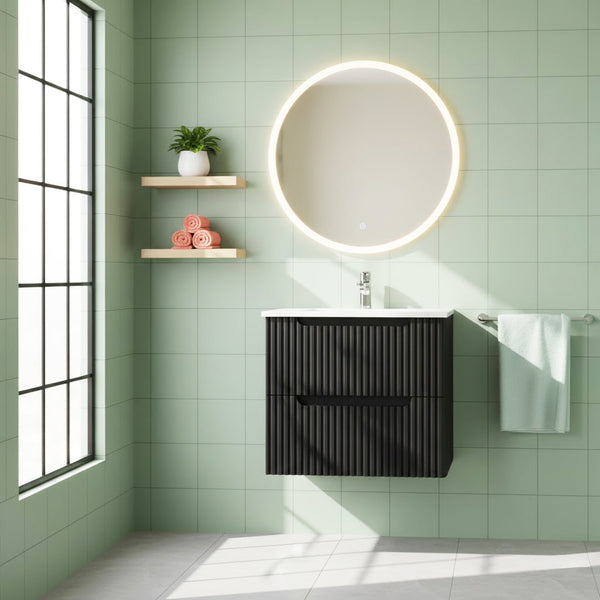 English Elm Goodyo Floating Bathroom Vanity Matte Black Ceramic Sink Soft Close Storage Cabinet W1223S00037