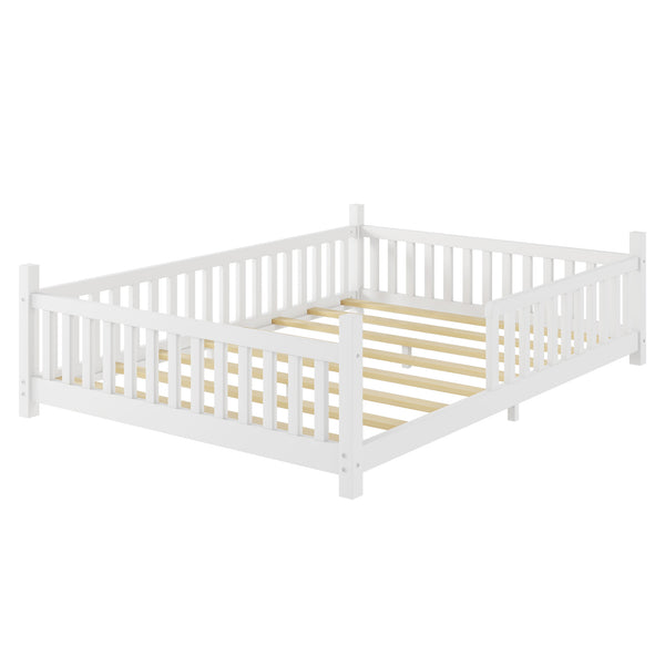 English Elm Twin Montessori Floor Bed House Frame with Led Lighting and Safety Rails for Kids White W2593P440589