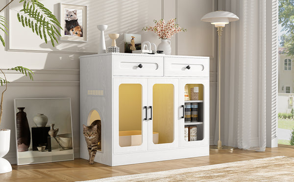 English Elm Cat Litter Box Cabinet with Glass Doors Led Light Drawers and Wood Grain Finish White N704P395520K