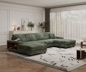 English Elm Convertible U-Shaped Sofa With Storage, Modern Corduroy Design For Spacious Living Rooms, Green W1793S00029