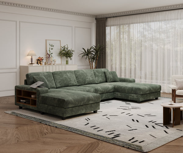 English Elm Convertible U-Shaped Sofa With Storage, Modern Corduroy Design For Spacious Living Rooms, Green W1793S00029
