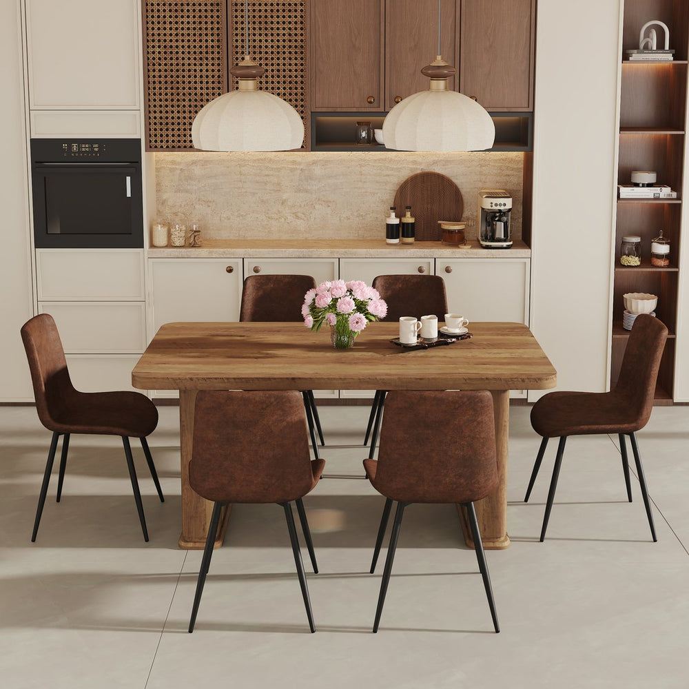 English Elm Table and Chair Set Seats Six with Wood Grain Top and Upholstered Brown W1151S03575