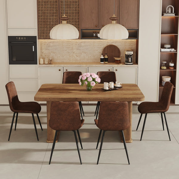 English Elm Table and Chair Set Seats Six with Wood Grain Top and Upholstered Brown W1151S03575