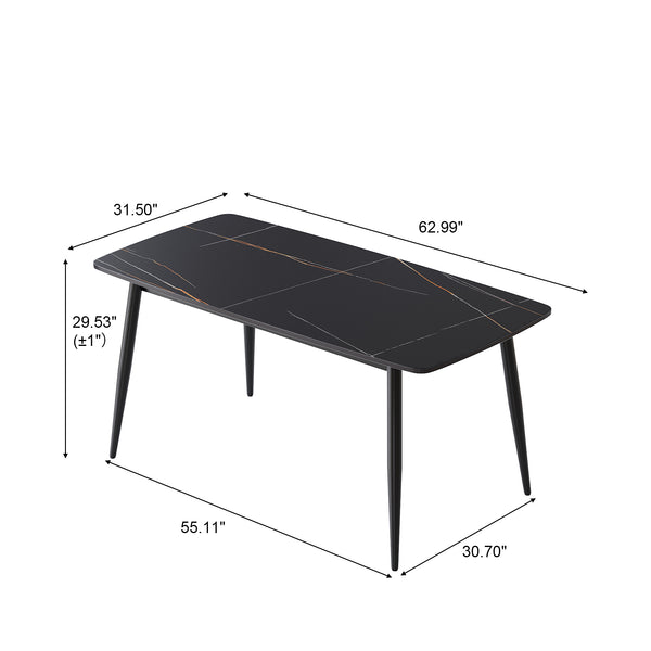 English Elm 62.99" Modern Artificial Stone Curved Edge Dining Table With Black Metal Legs – Seats 6 Comfortably! W1535S00498