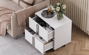 English Elm Modern Two Drawer Nightstand with Slim Metal Legs and Mirrored Bar Handles for Bedroom White W5271P416538