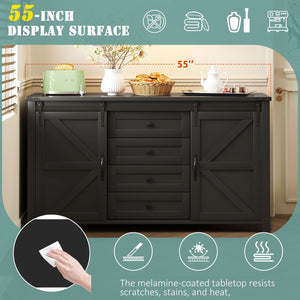 English Elm U-style Farmhouse Sideboard Barn Door Buffet with Drawers Built-in Outlet Dining Black N711P347377B
