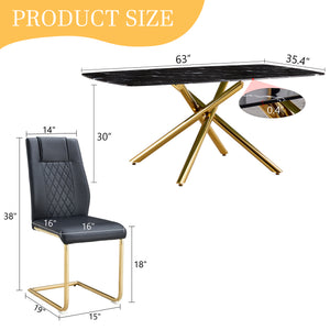 English Elm Table and Chair Set Marble Glass Top with Sculptural Gold Legs Six Seat Glam Dining Black+Gold W1151S03293