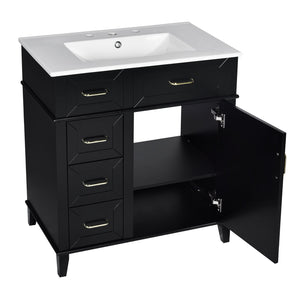 English Elm 30-Inch Bathroom Vanity with Ceramic Sink, Gold Handles, Solid Wood Frame and Soft-Close Drawers Black N729P195052B