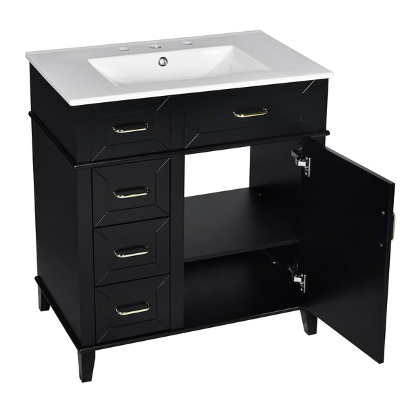 English Elm 30-Inch Bathroom Vanity with Ceramic Sink, Gold Handles, Solid Wood Frame and Soft-Close Drawers Black N729P195052B