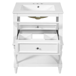 English Elm 24'' Retro Bathroom Vanity Mdf Cabinet with Ceramic Sink Open Shelf and 2 Drawers White N710P405414K