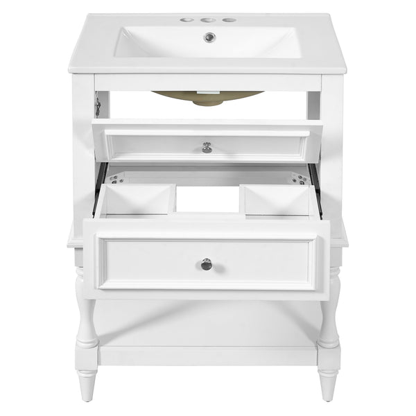 English Elm 24'' Retro Bathroom Vanity Mdf Cabinet with Ceramic Sink Open Shelf and 2 Drawers White N710P405414K