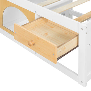 English Elm Full Size Kids Platform Bed with Led Lighting Bookshelf Display Cabinet and Storage Drawer White+Natural N820S00077K