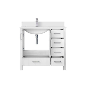 English Elm White 36 in. Bath Vanity with Left Offset White Quartz Top, Faucet Set, Soft-Close Drawers & Storage B2731P259019