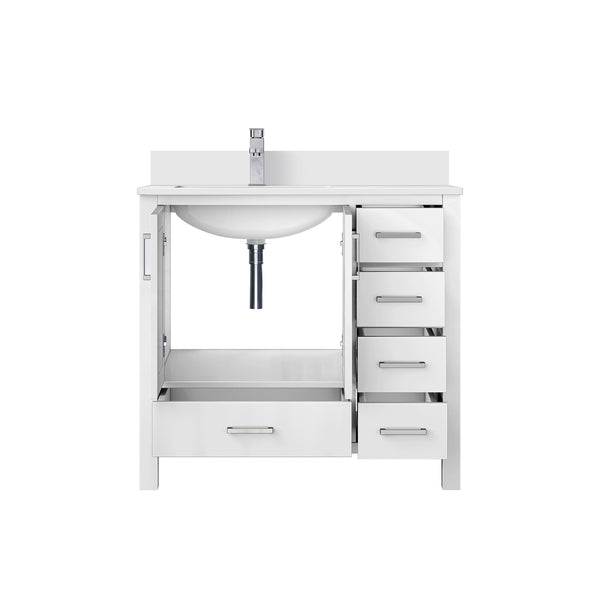 English Elm White 36 in. Bath Vanity with Left Offset White Quartz Top, Faucet Set, Soft-Close Drawers & Storage B2731P259019