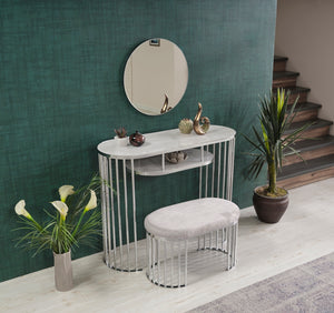 English Elm Garry Oval Fabric Ottoman with Chrome Legs — Plush Upholstery, Compact Modern Seat for Living Spaces Beige B029P333530