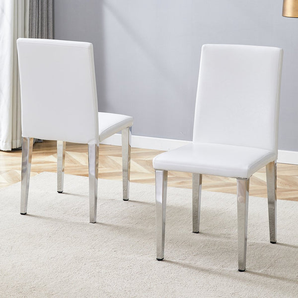 English Elm Two Pu Leather Dining Chairs Glossy White Shell Silver Metal Legs Modern Set W1151P360537