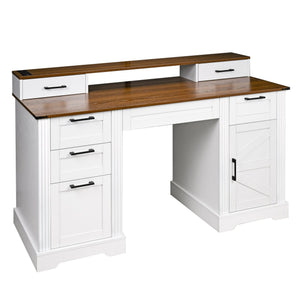 English Elm 59" Fluted Oak L-shaped Corner Desk with Charging Station Monitor Stand and File Storage White W2917S00006