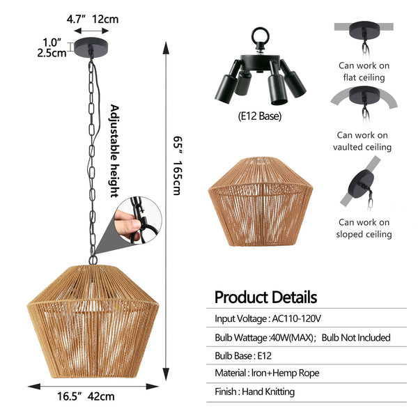 English Elm 17" Boho Hemp Rope Pendant Light - Handcrafted Farmhouse 4-Light Iron Fixture for Kitchen Island, Dining Room, Bedroom W1340P251924