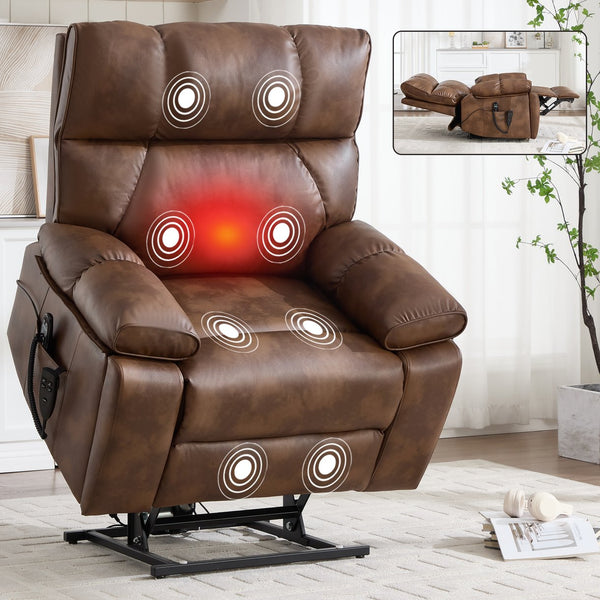 English Elm Brown Leatheraire Power Lift Recliner Dual Motor Massage Heat Heavy Duty 350 Lb W1803P340282